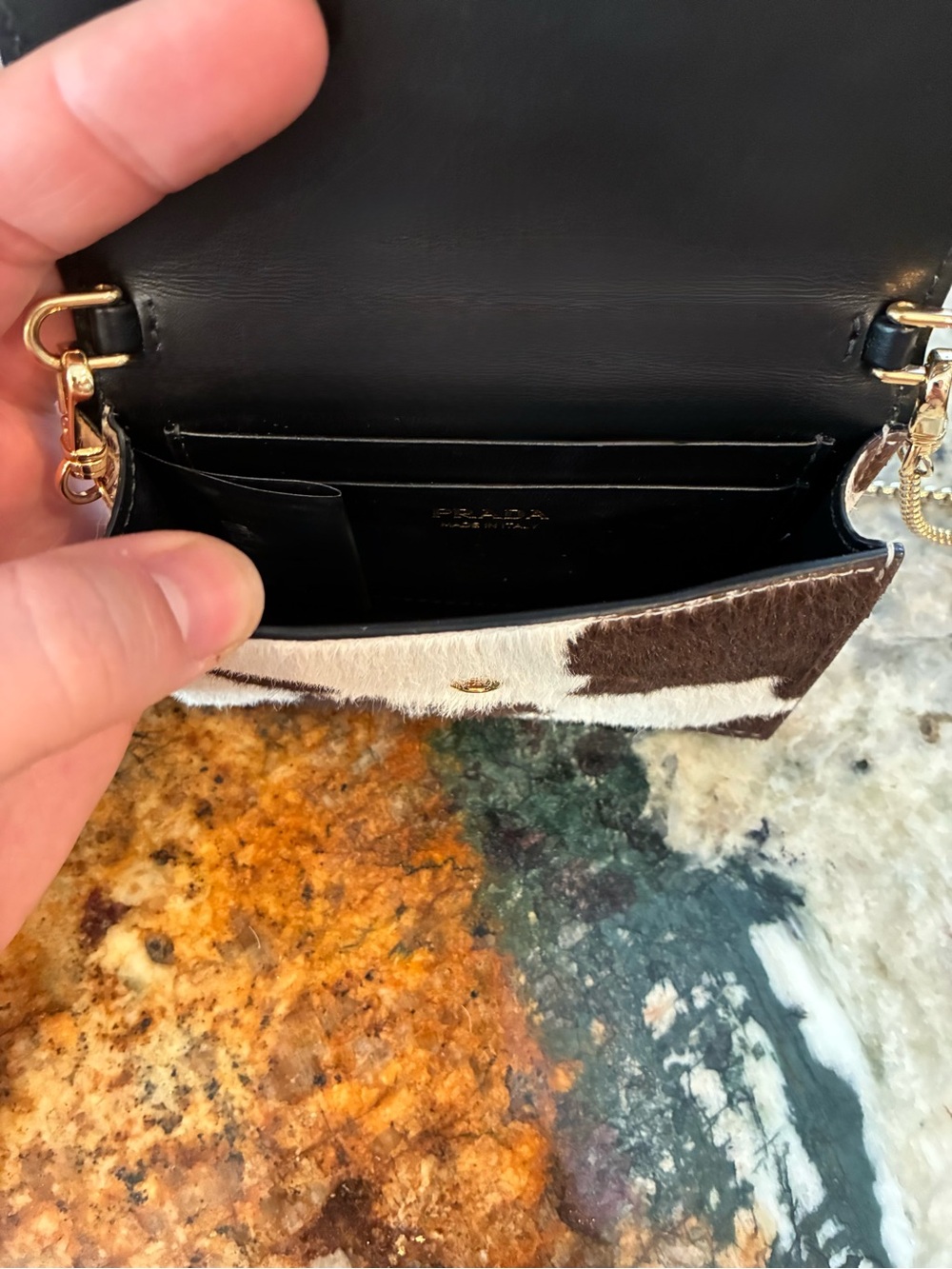 Prada Cowhide Patchwork Crossbody in Brown & White with Gold Chain - Picture 12 of 12
